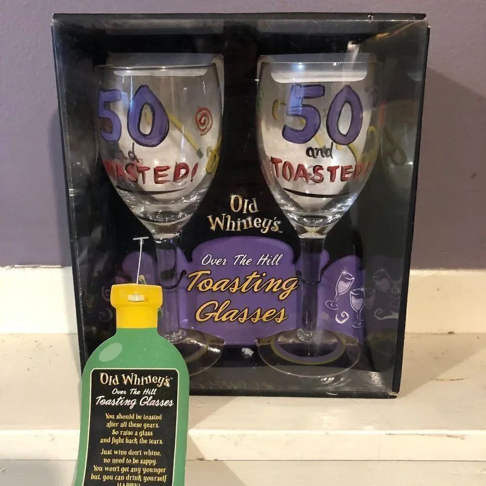 Old Whiney’s Over The Hill Toasting Glasses NIB